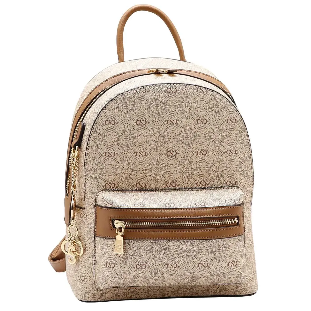 Mochila feminina Chenson bege com monograma pontilhado e detalhes em PU marrom, vista frontal com alças ajustáveis e bolso frontal com zíper dourado